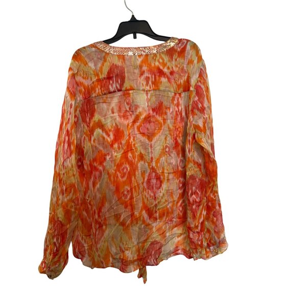 Chicos Sequin Collar Sheer Tie-Front Blouse Size 2 Orange Multi Polyester - Picture 2 of 4